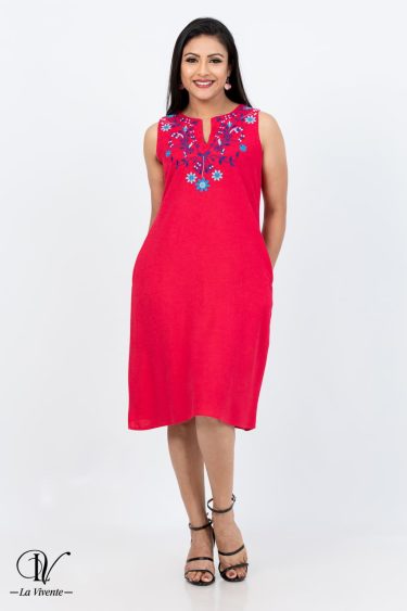 Comfortable pre-washed Embroidery Linen Dress