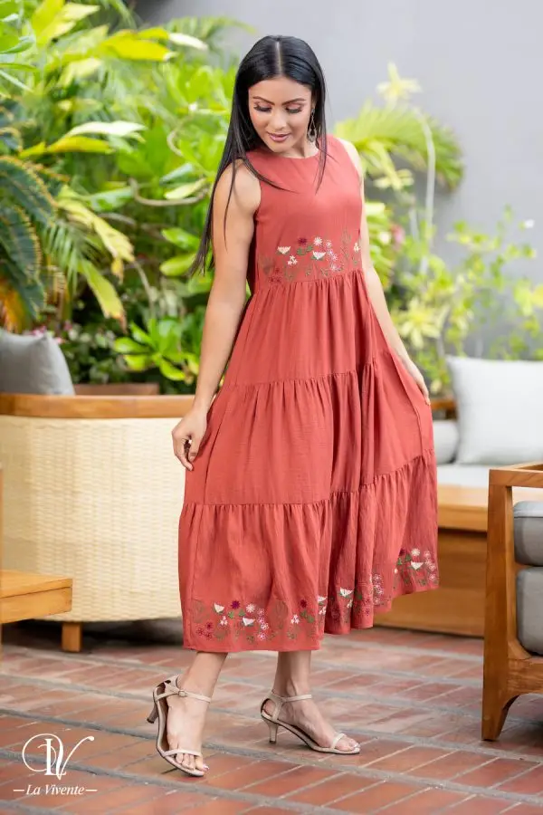 Sleeveless Embroidered Frill Long Dress