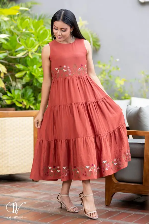 Sleeveless Embroidered Frill Long Dress - Image 3