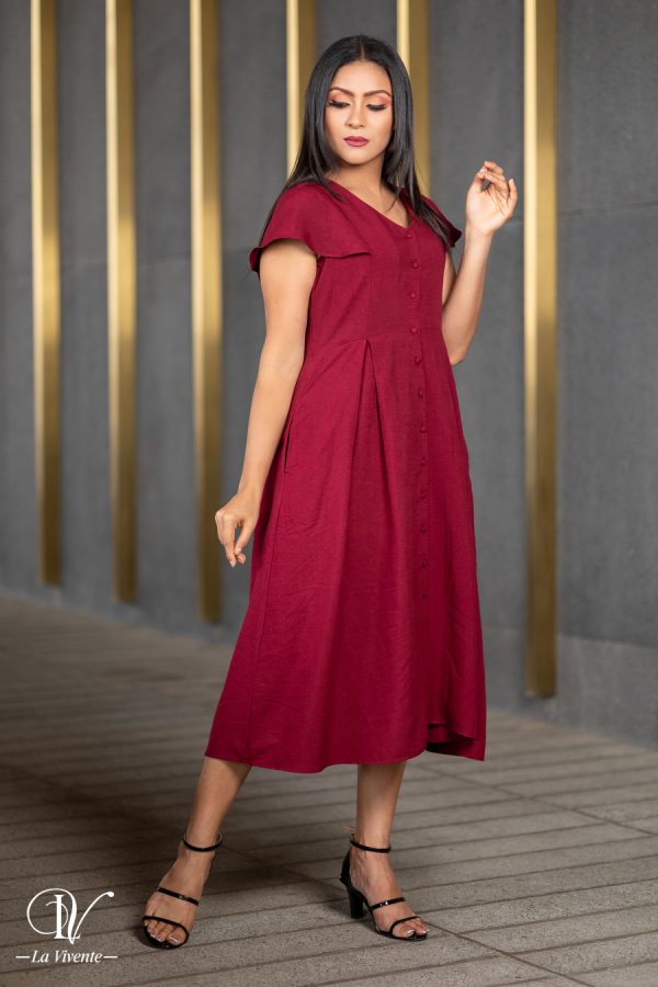 Maroon Midi Dress with Front Open