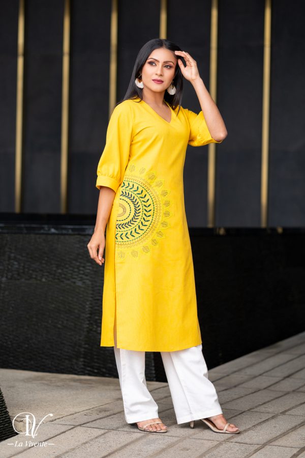 Embroidery Yellow  Kurtha - Image 4