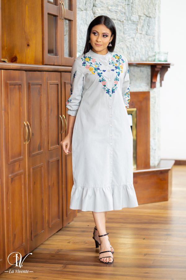 Embroidery Midi Dress with frilled hem - Image 4