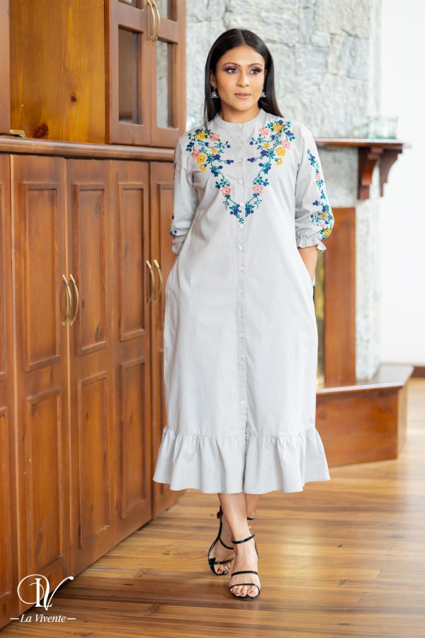 Embroidery Midi Dress with frilled hem - Image 3