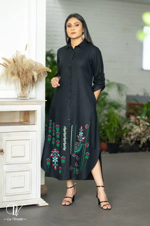 Geometric Embroidered Button Up Maxi Shirt Dress - Image 3