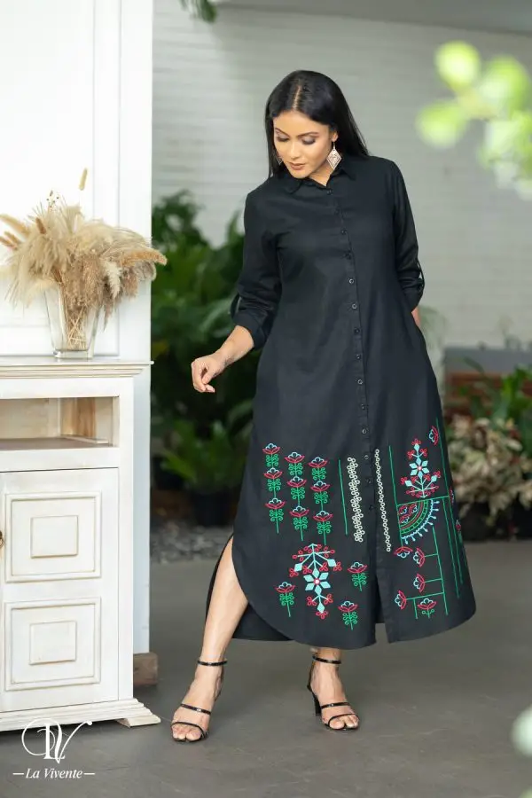 Geometric Embroidered Button Up Maxi Shirt Dress - Image 2