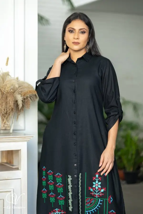Geometric Embroidered Button Up Maxi Shirt Dress