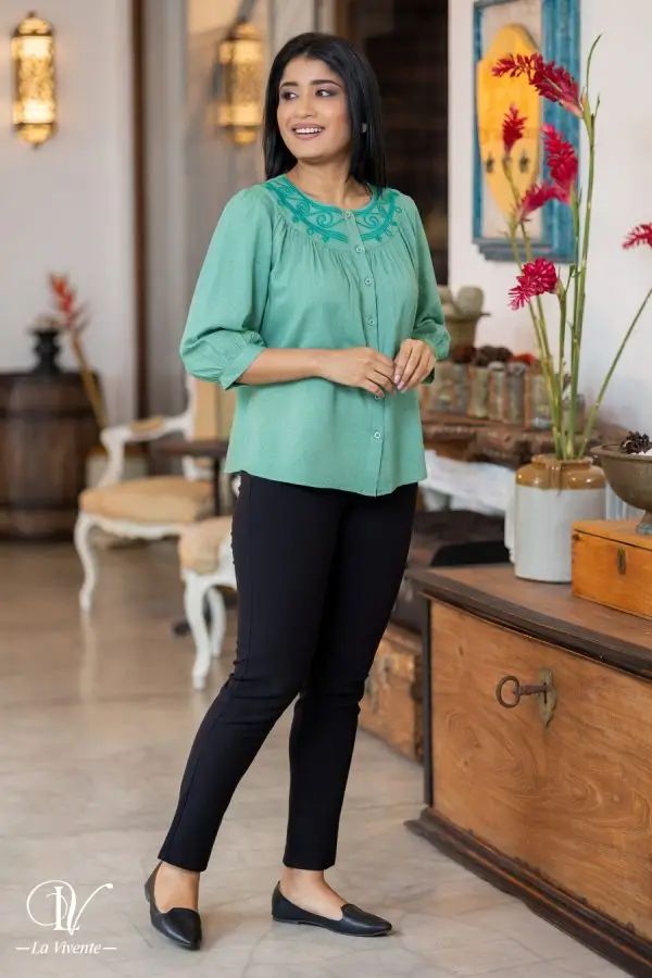 Embroidered Button Up Blouse Top - Image 5