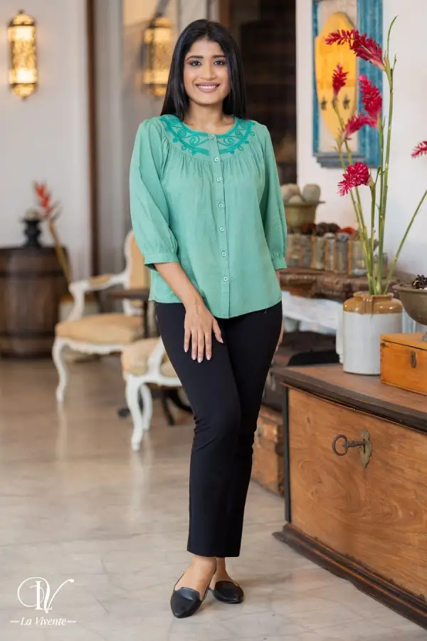 Embroidered Button Up Blouse Top - Image 2