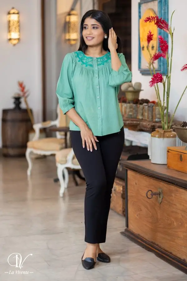 Embroidered Button Up Blouse Top - Image 4