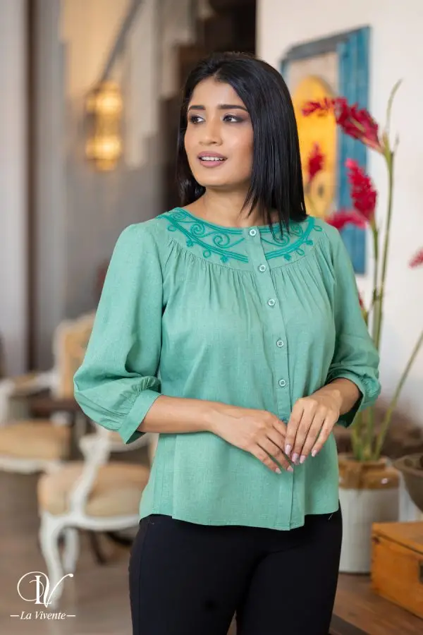 Embroidered Button Up Blouse Top - Image 3