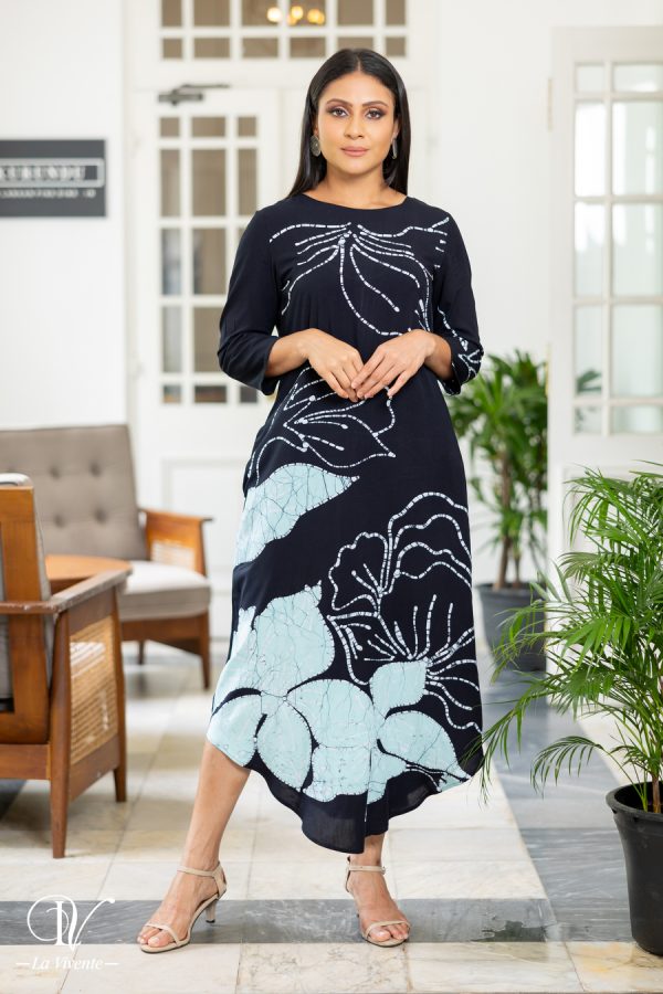 Curved Hem Abstract Floral Printed Batik Midi Dress