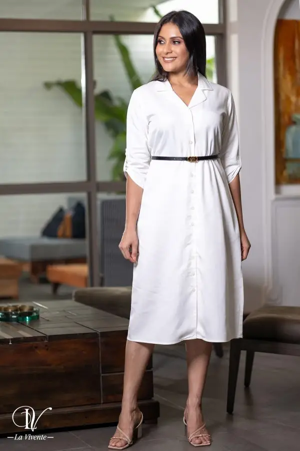 Lapel Collared Belted Midi Dress