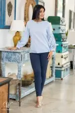 Striped Sleeve Embroidered Blouse Top - Image 3
