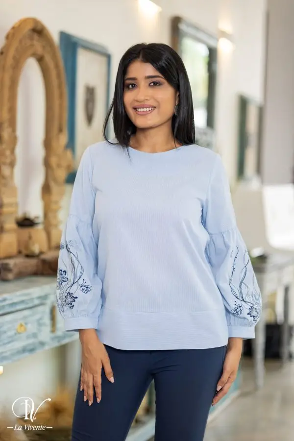 Striped Sleeve Embroidered Blouse Top - Image 2