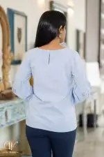 Striped Sleeve Embroidered Blouse Top - Image 4