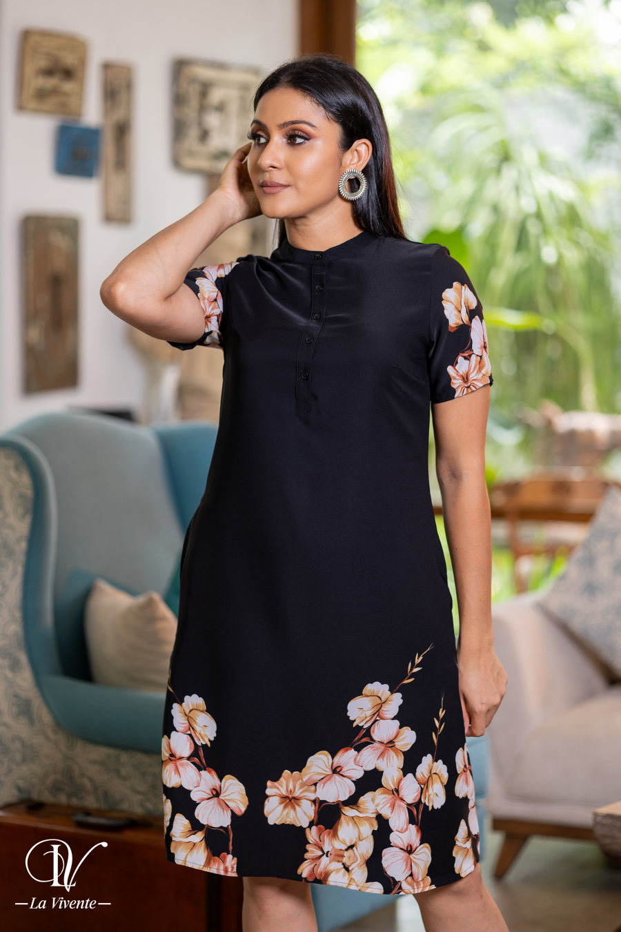 Floral Patterned Chinese Collared Short Shirt Dress - La Vivente