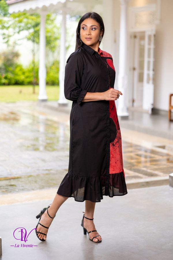 Two-tone Geometric Printed Frilled Hem Batik Midi Dress - Image 4