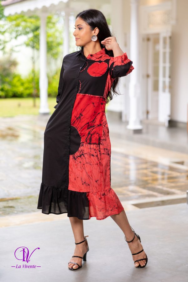 Two-tone Geometric Printed Frilled Hem Batik Midi Dress