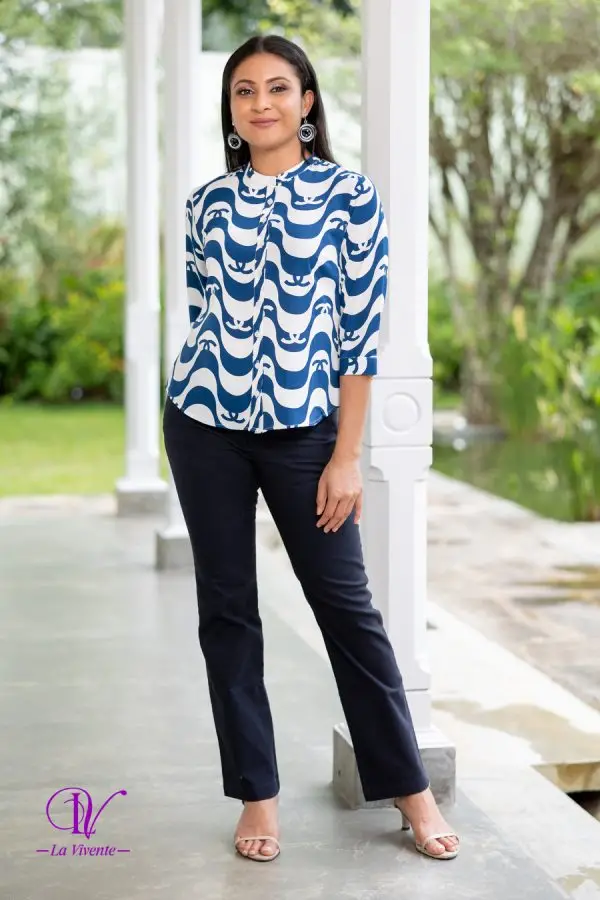 Abstract Patterned Chinese-Collared Shirt Blouse - Image 3