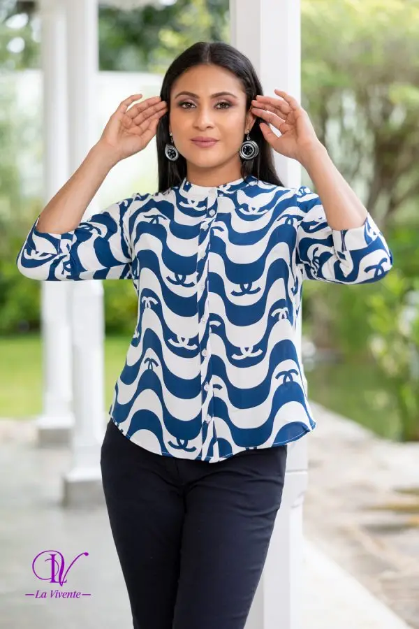 Abstract Patterned Chinese-Collared Shirt Blouse - Image 2