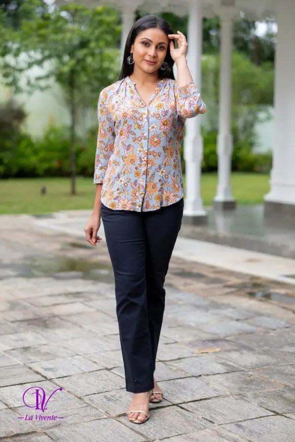 Floral Patterned Chinese Collared Shirt Blouse - Image 4