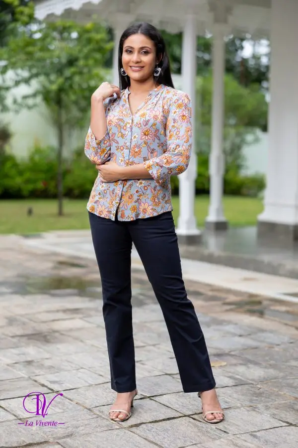 Floral Patterned Chinese Collared Shirt Blouse - Image 3