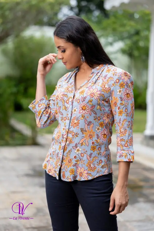 Floral Patterned Chinese Collared Shirt Blouse - Image 2