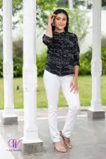 Calligraphy Patterned Chinese Collared Shirt Blouse - Image 4