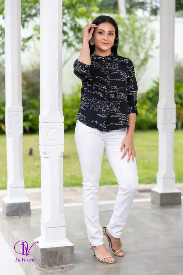 Calligraphy Patterned Chinese Collared Shirt Blouse - Image 4