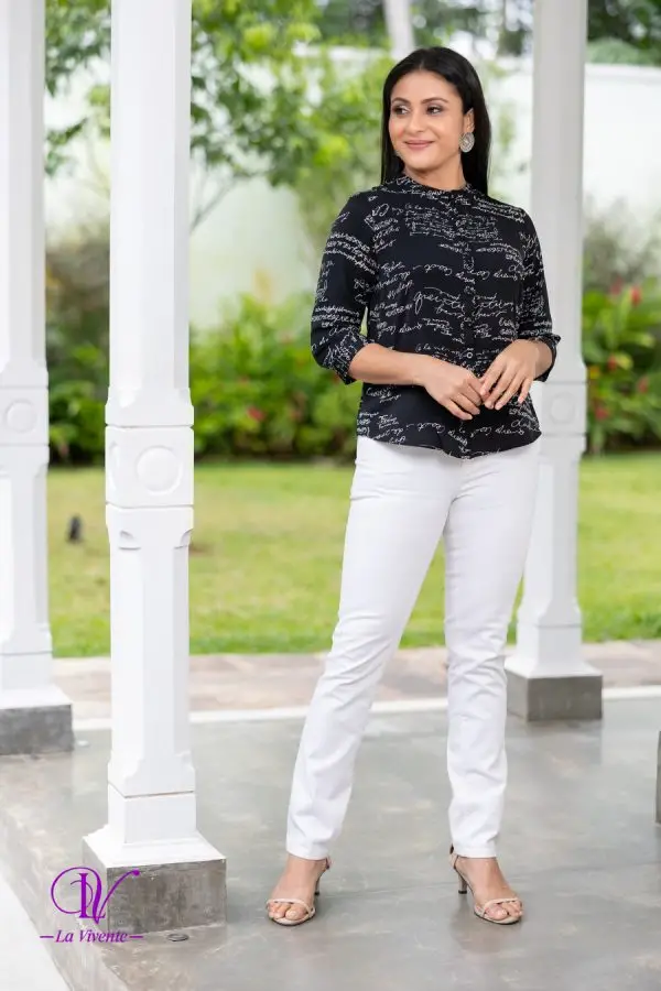 Calligraphy Patterned Chinese Collared Shirt Blouse - Image 3