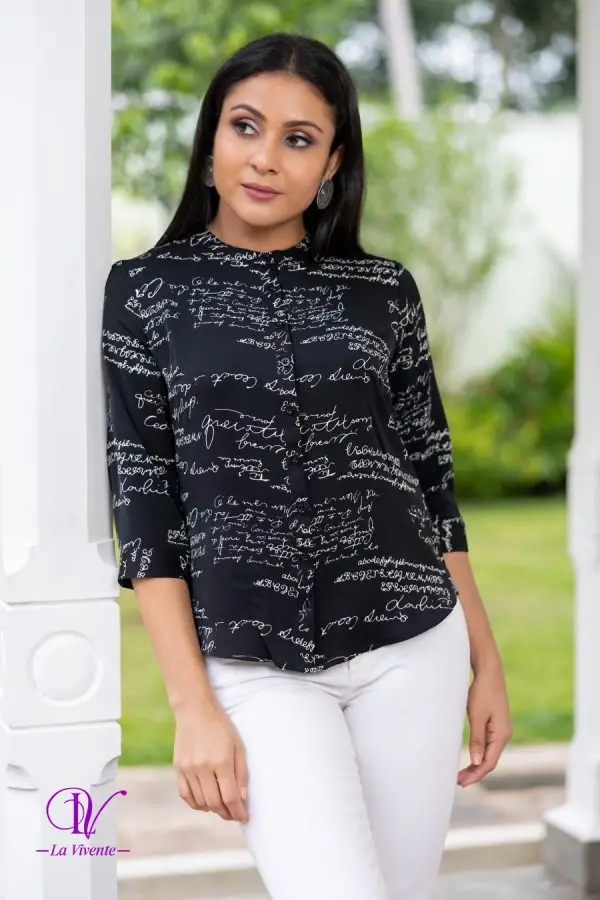 Calligraphy Patterned Chinese Collared Shirt Blouse