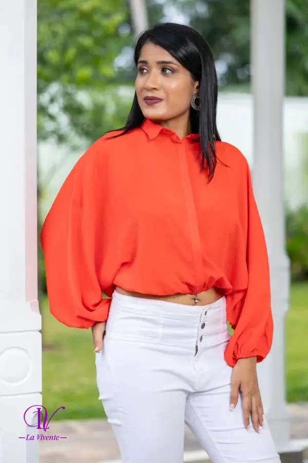 Balloon Sleeved Cropped Shirt Top - Image 2