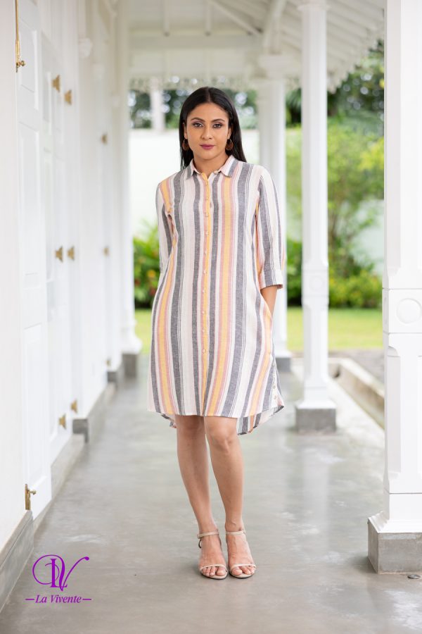 Striped Side Slit Button Detailed Mini Shirt Dress