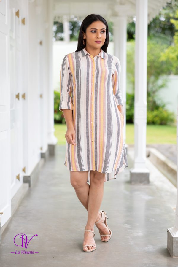 Striped Side Slit Button Detailed Mini Shirt Dress - Image 5