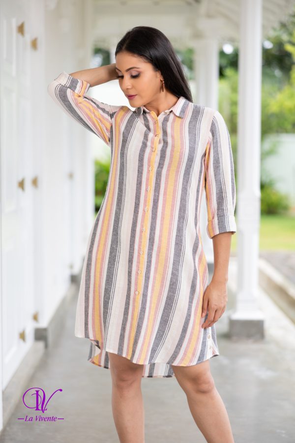 Striped Side Slit Button Detailed Mini Shirt Dress - Image 4