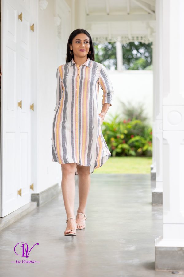 Striped Side Slit Button Detailed Mini Shirt Dress - Image 2