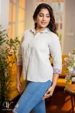 Geometric Embroidered Cuff Detailed Shirt Blouse - Image 4