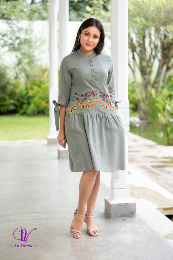 Embroidery Drop Waist Button Up Midi Dress