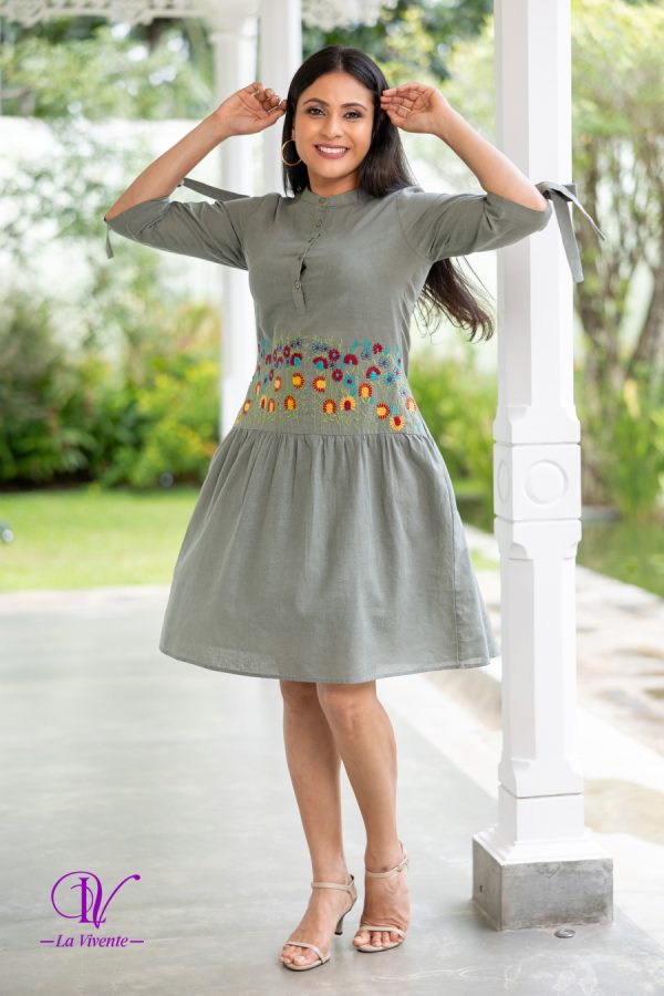 Embroidery Drop Waist Button Up Midi Dress - Image 2