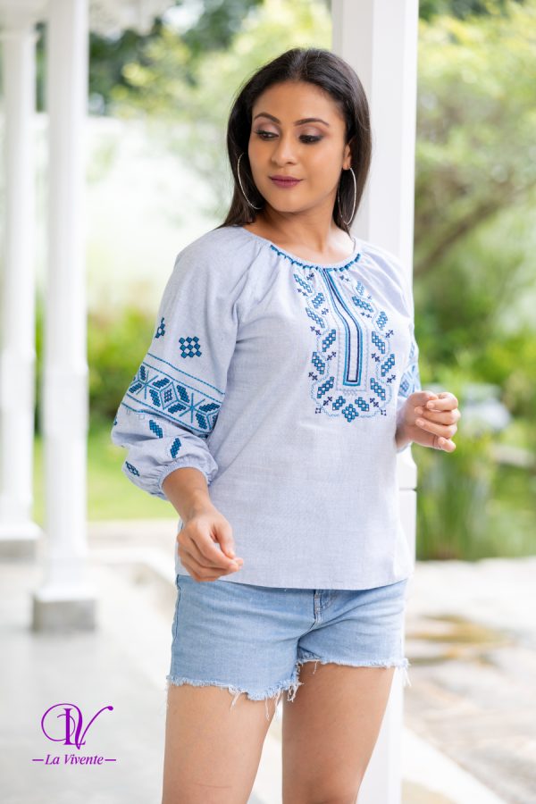 Geometric Embroidered Gather Neck Top