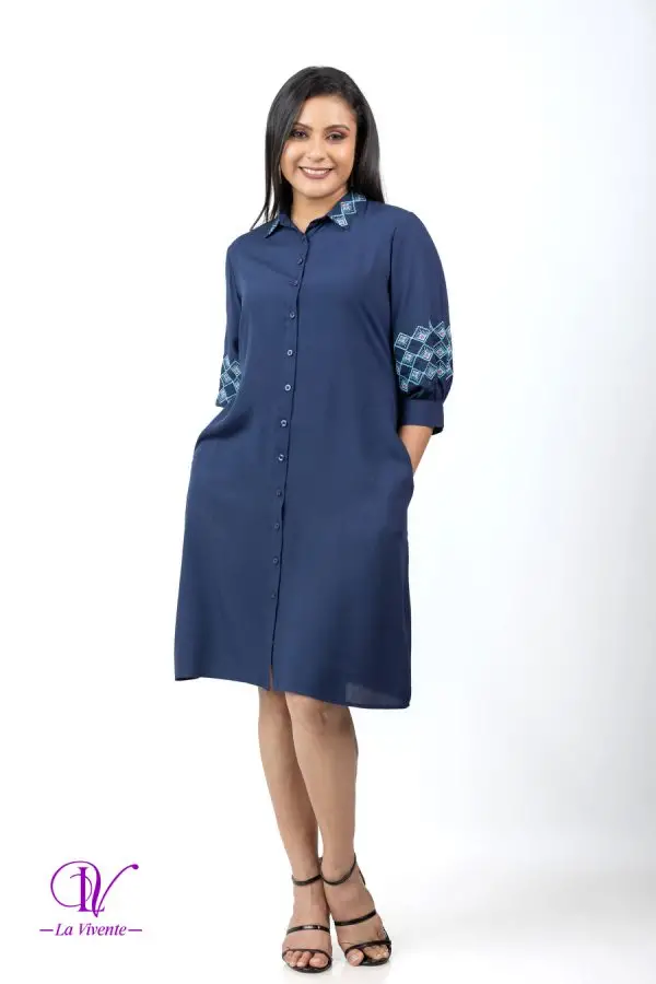 Shirt Collared Embroidery Midi Dress - Image 3