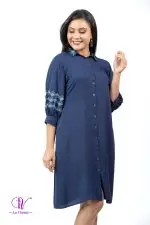 Shirt Collared Embroidery Midi Dress - Image 2