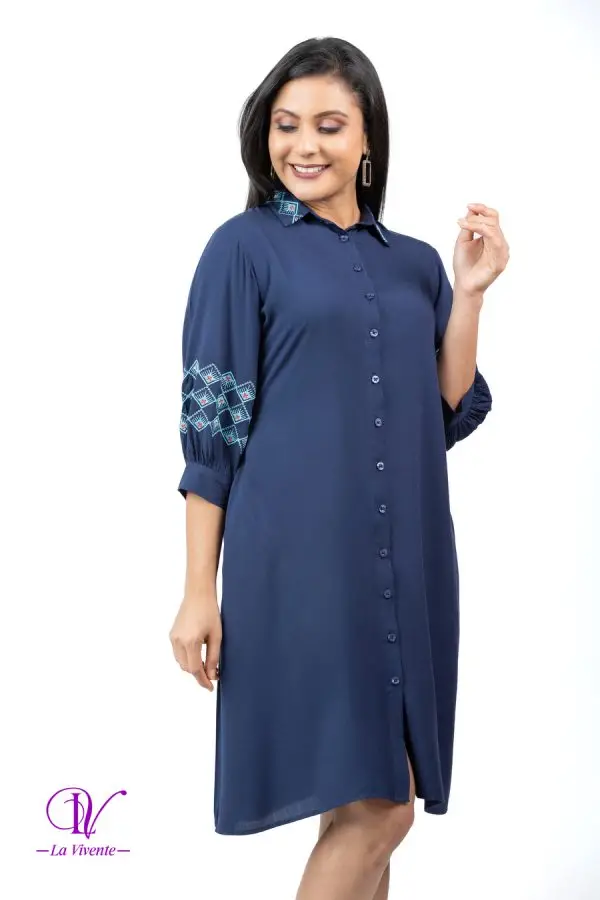 Shirt Collared Embroidery Midi Dress - Image 2
