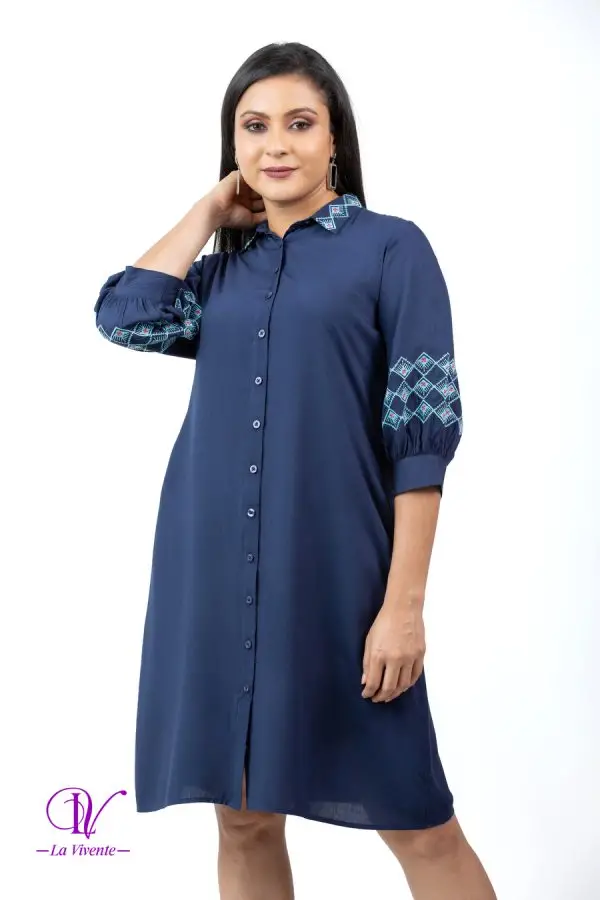 Shirt Collared Embroidery Midi Dress