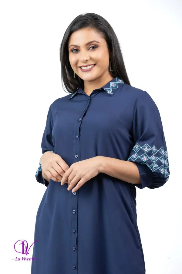 Shirt Collared Embroidery Midi Dress - Image 5