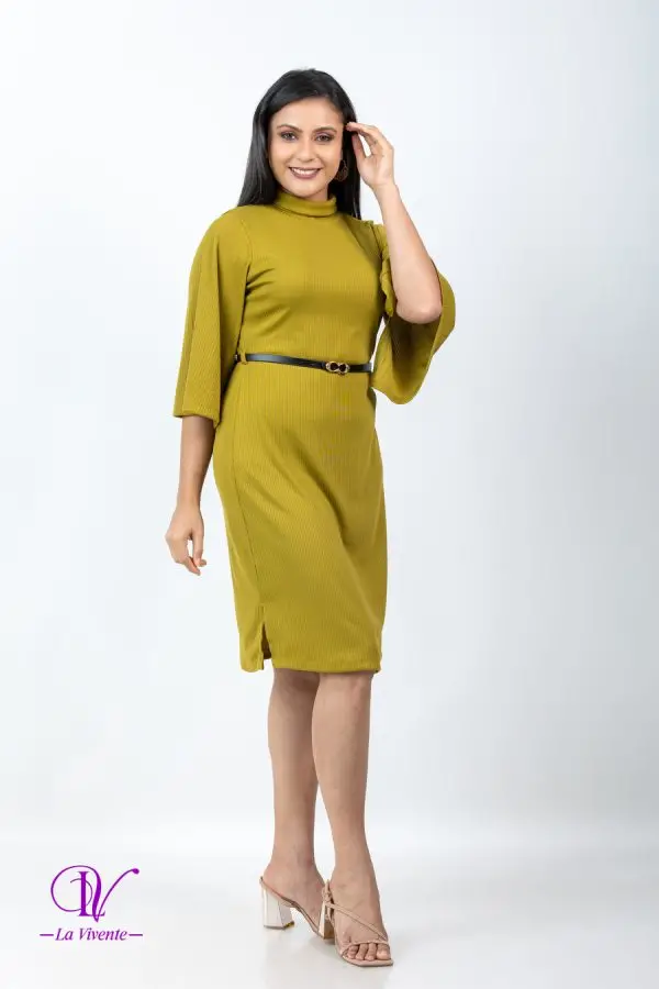 Turtle Necked Belted Rib Dress With Belt - Image 5