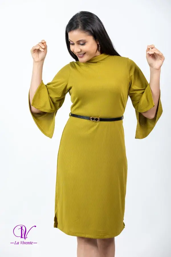Turtle Necked Belted Rib Dress With Belt - Image 2