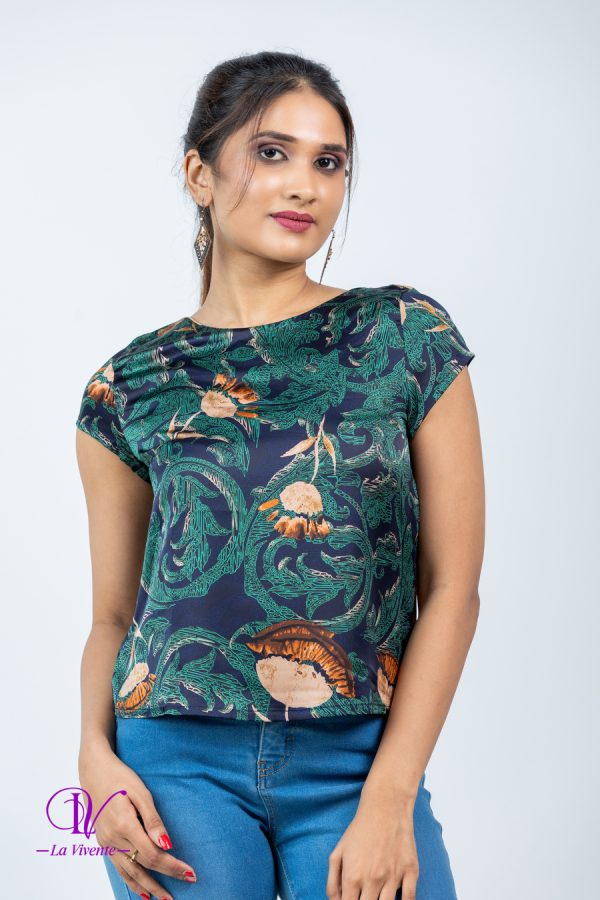 Abstract Patterned Round Neck Cap Sleeved Top