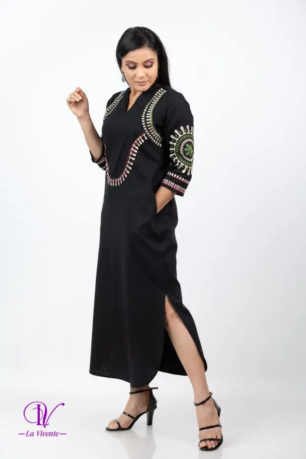 Geometric Embroidered Chinese Collared Maxi Dress - Image 4