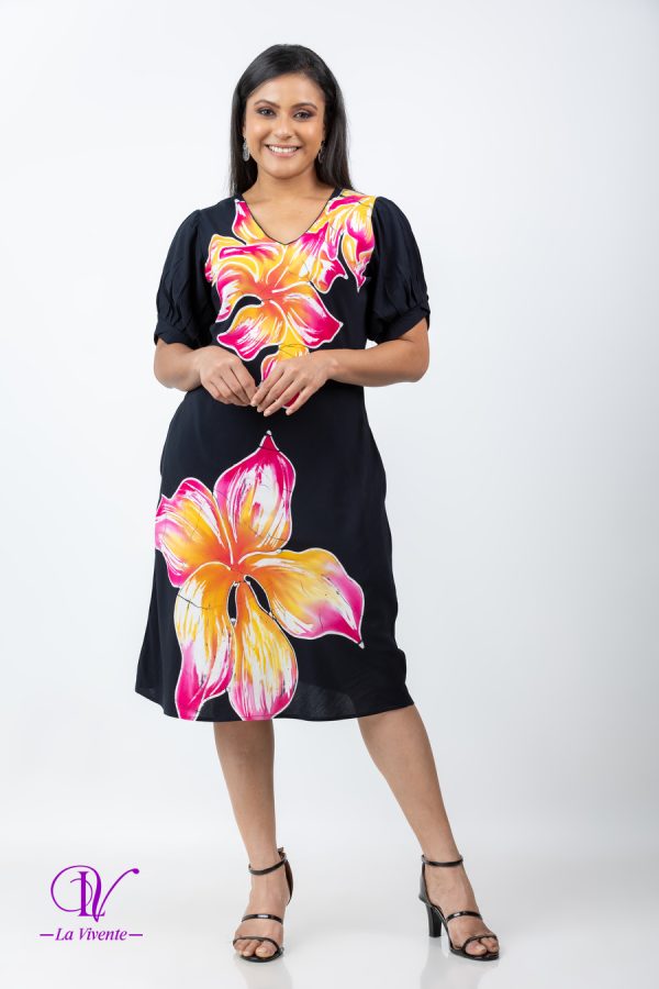 Floral Printed Puff Sleeved Batik Short Dress - Image 5